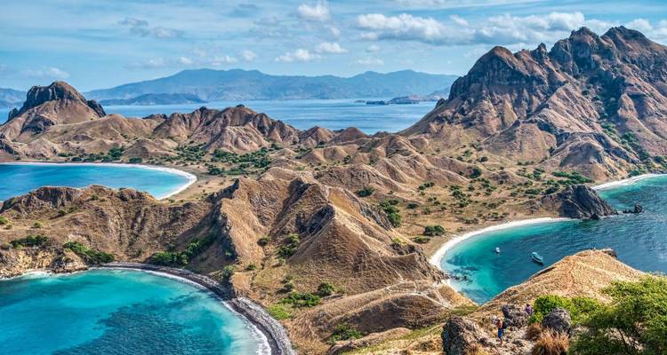 Spectacular aerial view of Padar Island with multiple crescent bays and turquoise waters