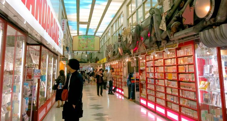 Indoor aisle of Akihabara manga and anime shops with bright red display cases and shoppers browsing.