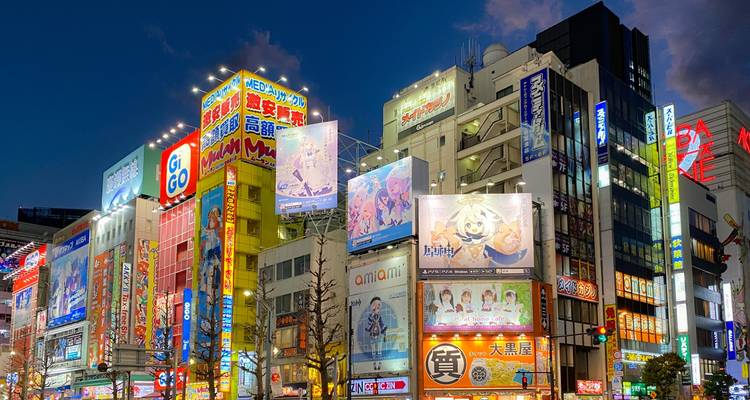 Vibrant night view of Akihabara’s neon-lit buildings covered in colorful anime billboards and signs under a dark blue sky.
