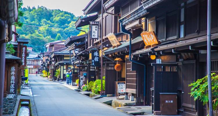 A picturesque street of dark-wood Edo-period buildings in Takayama’s old town.
