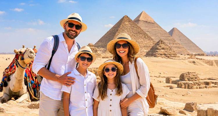 Smiling family posing with a camel in front of the pyramids on a sunny desert day