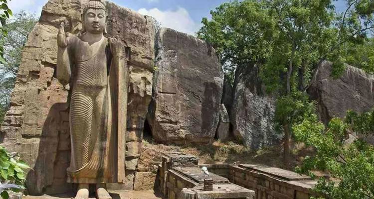 An ancient standing Buddha statue is carved next to towering rock outcrops amid forest greenery.