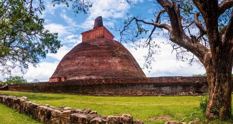 The massive brick dome of Jetavanaramaya stupa rises beneath patchy clouds, framed by trees and lawn.