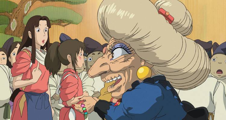 Animated scene from Studio Ghibli’s Spirited Away featuring Yubaba greeting Chihiro.