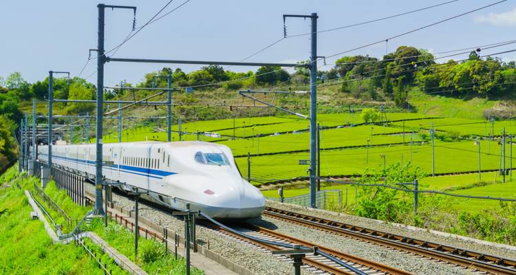 A sleek white Shinkansen bullet train speeds through green countryside on an elevated track.