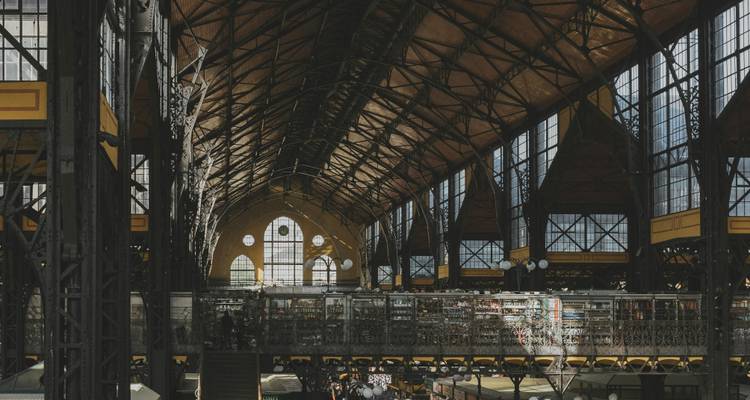 Grand iron-and-glass interior of Budapest’s Great Market Hall with sunlight streaming through tall windows