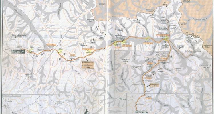 Carte topographique montrant l'itinéraire de trekking avec les villages et les glaciers indiqués.