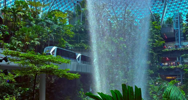Le train aérien de l'aéroport glissant devant la cascade Rain Vortex au milieu de la verdure luxuriante à l'intérieur de Jewel Changi.
