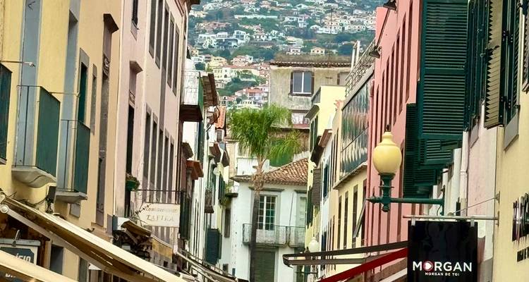 Steep city street lined with colorful buildings leading toward distant hillside houses