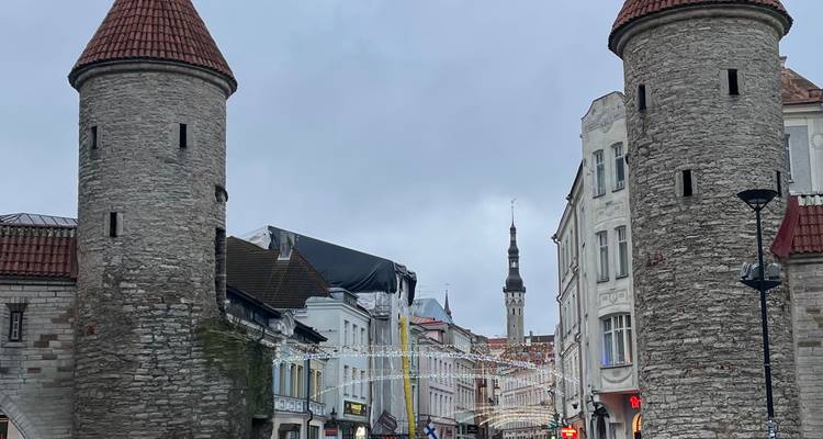 Les portes de Stone Viru encadrant l'entrée de la Vieille Ville de Tallinn par un jour gris