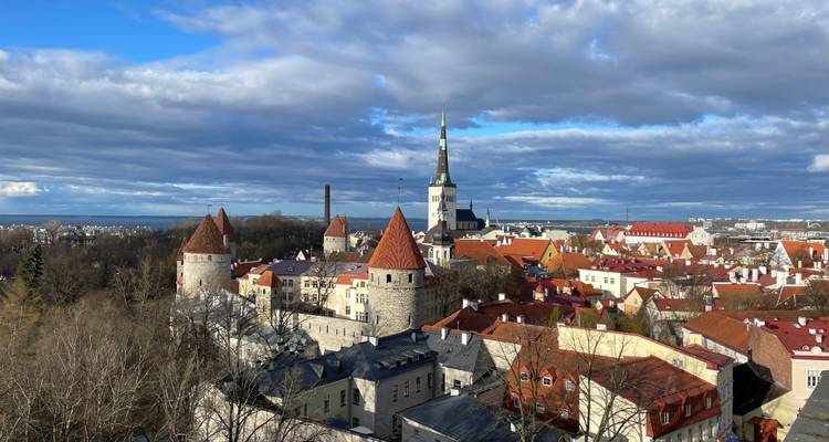 Panorama surélevée des fortifications de la Vieille Ville de Tallinn, des tours et des toits rouges s'étendant jusqu'à la mer