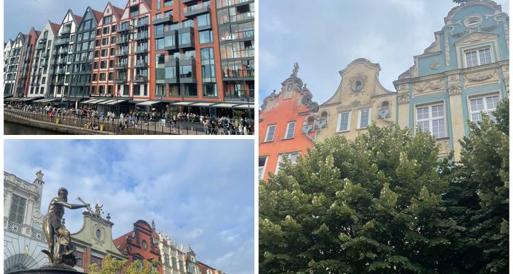 Collage de trois scènes urbaines incluant des appartements modernes en bord de mer, des façades baroques et la Fontaine de Neptune.
