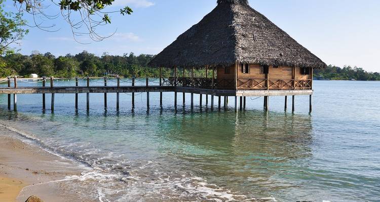 A thatched-roof overwater bungalow on stilts above calm turquoise sea beside a sandy shoreline and tropical forest.