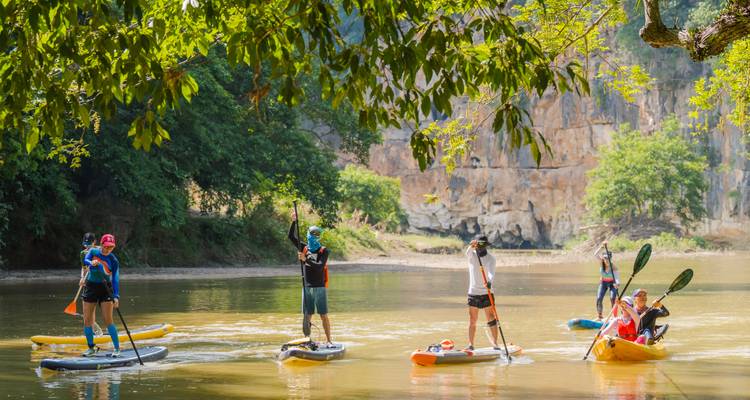 Un grupo de remeros de pie y kayakistas disfrutan de un río soleado bajo ramas frondosas y acantilados rocosos.