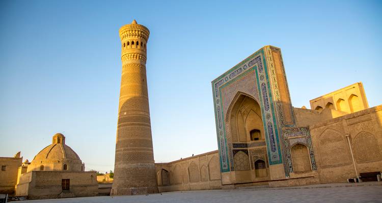 Sunlit Kalyan Minaret beside the ornate tiled portal of Mir-i-Arab Madrasah under clear evening sky.
