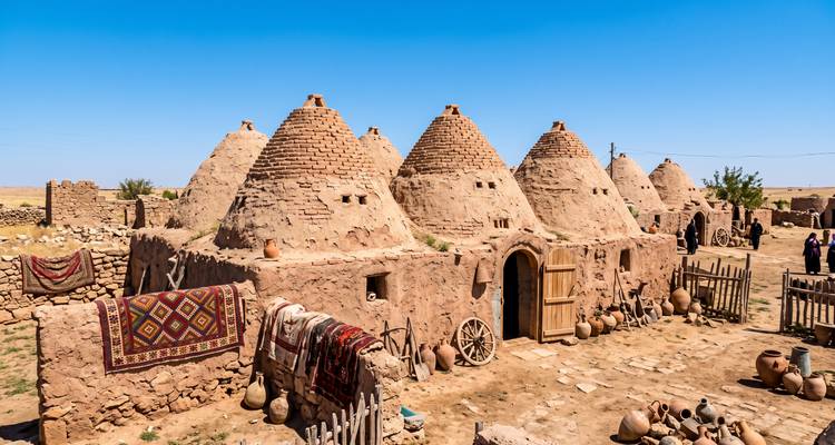 Row of traditional beehive mud-brick houses in a desert village under a vivid blue sky.