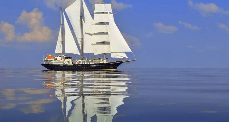 Grand navire aux voiles blanches se reflétant parfaitement sur une mer bleue d'un calme vitreux sous des ciels aux teintes pastel.