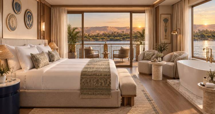 Elegant river-cruise suite with king bed, soaking tub and panoramic balcony at sunset over the Nile