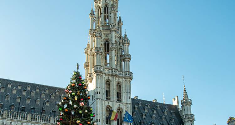 L'hôtel de ville gothique de Bruxelles s'élève au-dessus d'un sapin de Noël sur la Grand-Place sous un ciel dégagé.
