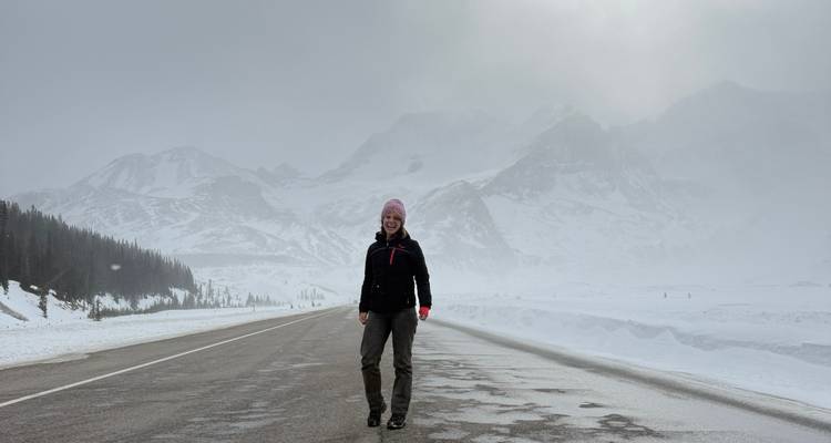 A lone traveller stands on a snow-dusted highway amid swirling alpine mist.