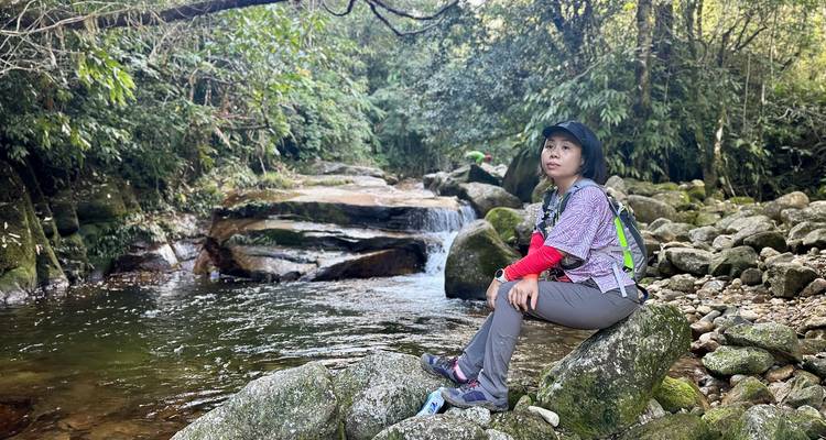 Une randonneuse se repose sur des rochers couverts de mousse à côté d'un ruisseau forestier cristallin