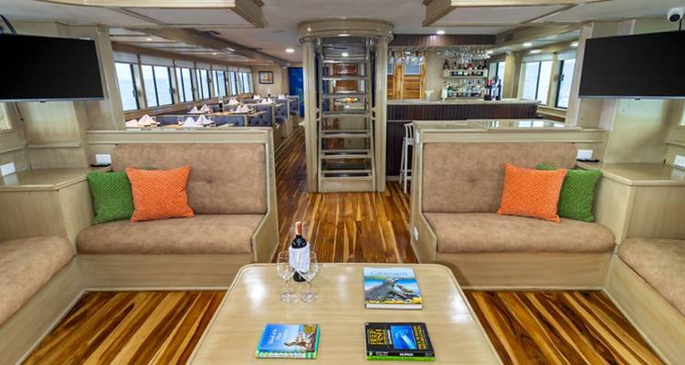 Salon confortable à l'intérieur du yacht avec planchers en bois, canapés, bar et grandes fenêtres.