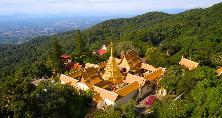 Vue aérienne du complexe du temple Doi Suthep doré niché au cœur d'une forêt de montagne luxuriante et verdoyante.