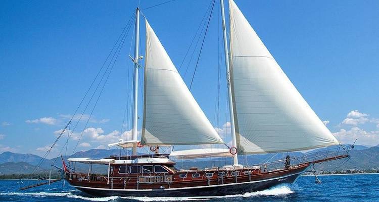 Voilier classique à coque en bois avec voiles blanches entièrement déployées glissant sur une mer bleu profond sous un ciel dégagé.