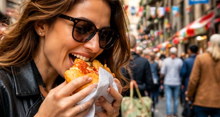 Une femme mord dans un sandwich de rue dans une rue citadine animée bordée de drapeaux.