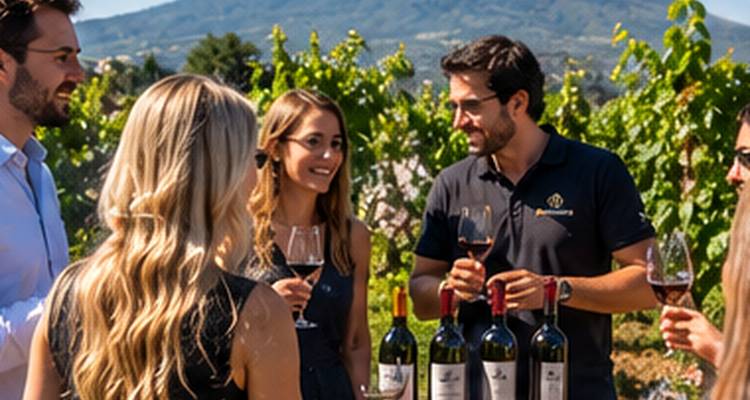 Un groupe déguste du vin dans un vignoble ensoleillé avec une chaîne de montagnes en arrière-plan.