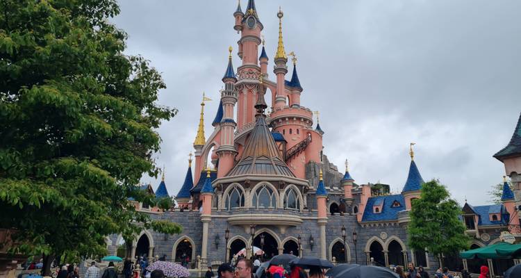 Château de la Belle au Bois Dormant de conte de fées à Disneyland Paris encadré par de la verdure et des visiteurs avec des parapluies.