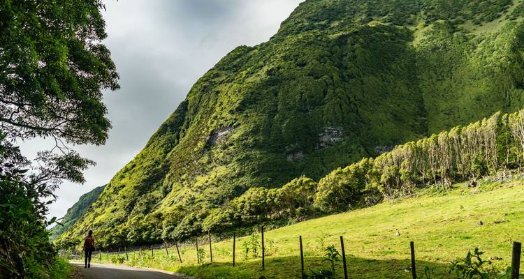 Un randonneur solitaire marche le long d'une route étroite bordée de montagnes majestueuses et verdoyantes.