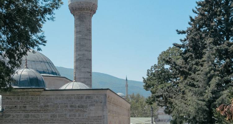 El minarete de la mezquita de piedra se alza detrás de árboles frondosos con colinas distantes bajo un cielo despejado de verano.