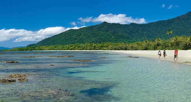 Les voyageurs se promènent à travers une baie peu profonde aux coraux bordée d'une plage vierge de forêt tropicale avec des collines d'émeraude.