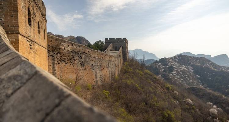 La Grande Muraille de Chine serpentant à travers un paysage montagneux au printemps avec des arbres en fleurs.