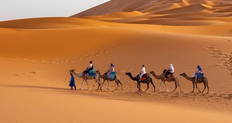 Fila de camellos guiados por un guía cruzando una enorme duna de arena