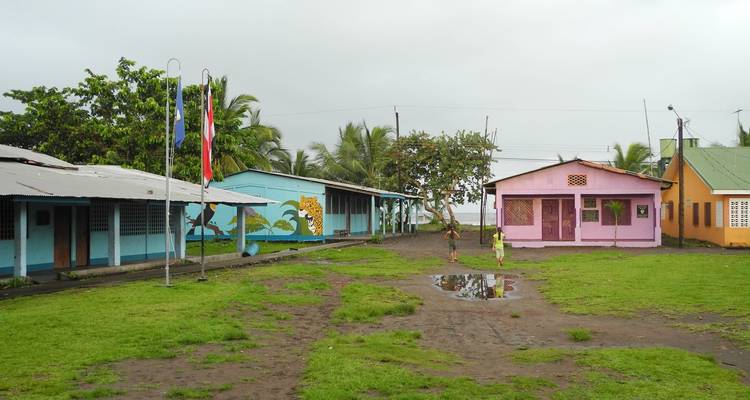 Casas coloridas de pueblo en un ambiente tropical.