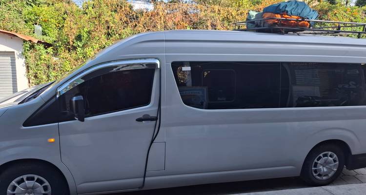 Furgoneta blanca estacionada con bolsas en el techo.