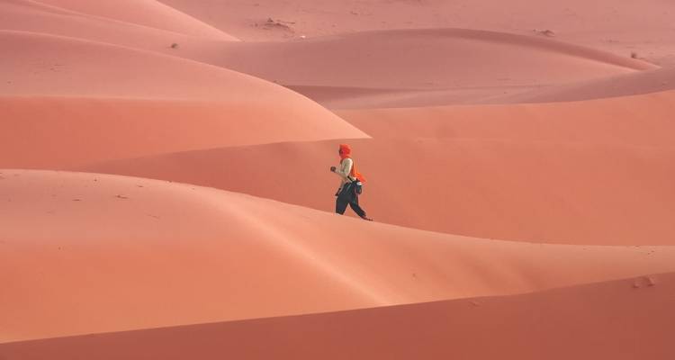 Persona caminando a través de un vasto paisaje desértico.