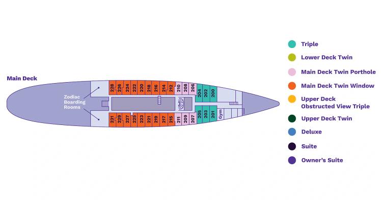 Plano de la cubierta principal del barco con números de camarotes resaltados en naranja y azul verdoso.