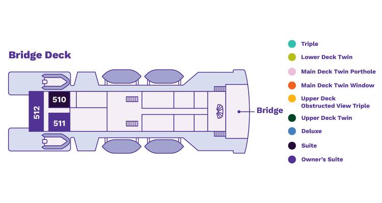 Plano de la cubierta del puente con dos camarotes premium y puente marcado en la proa.