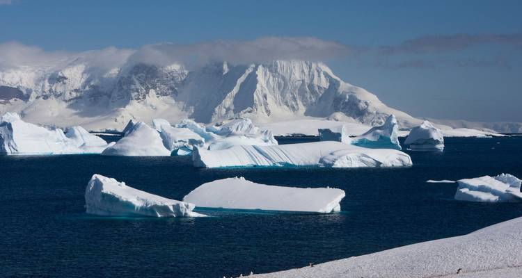 Grandes icebergs y lejanas montañas nevadas.