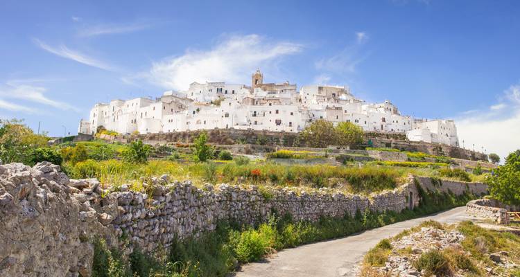 Vue d'Ostuni avec ses bâtiments blancs caractéristiques sous un ciel lumineux.