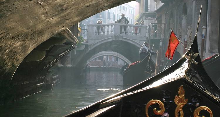Deslizarse en una góndola tradicional bajo un puente veneciano bajo en la bruma suave de la mañana.
