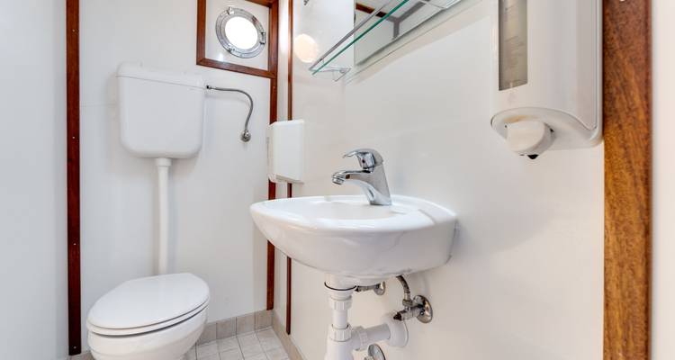 Kompaktes Badezimmer mit Waschbecken, Toilette und Duschkopf.