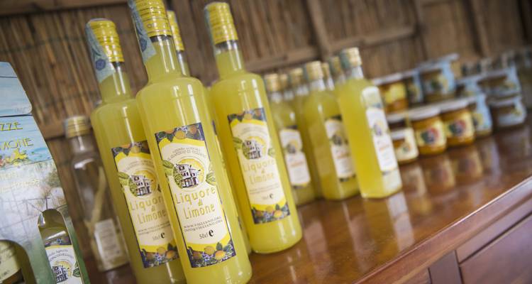 Des bouteilles de limoncello jaune vif s'alignent sur une étagère en bois dans une boutique rustique.