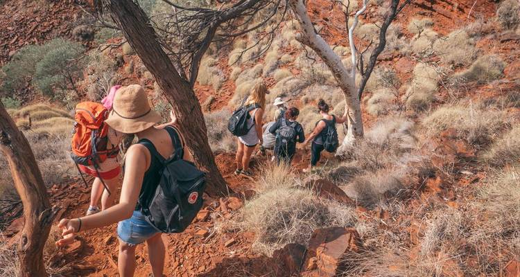 Los excursionistas descienden por un sendero empinado y polvoriento a través de vegetación dispersa del interior y suelo rojizo.