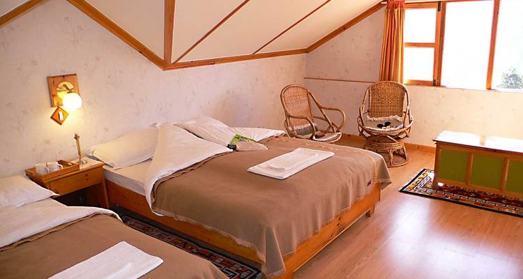 Habitación de hotel sencilla y limpia, con dos camas individuales.