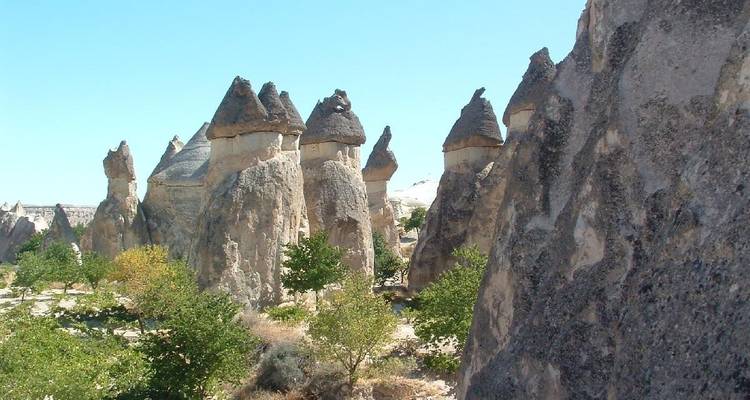 Hautes formations rocheuses avec une végétation luxuriante tout autour.