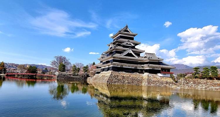 Een traditioneel Japans kasteel bij een gracht.